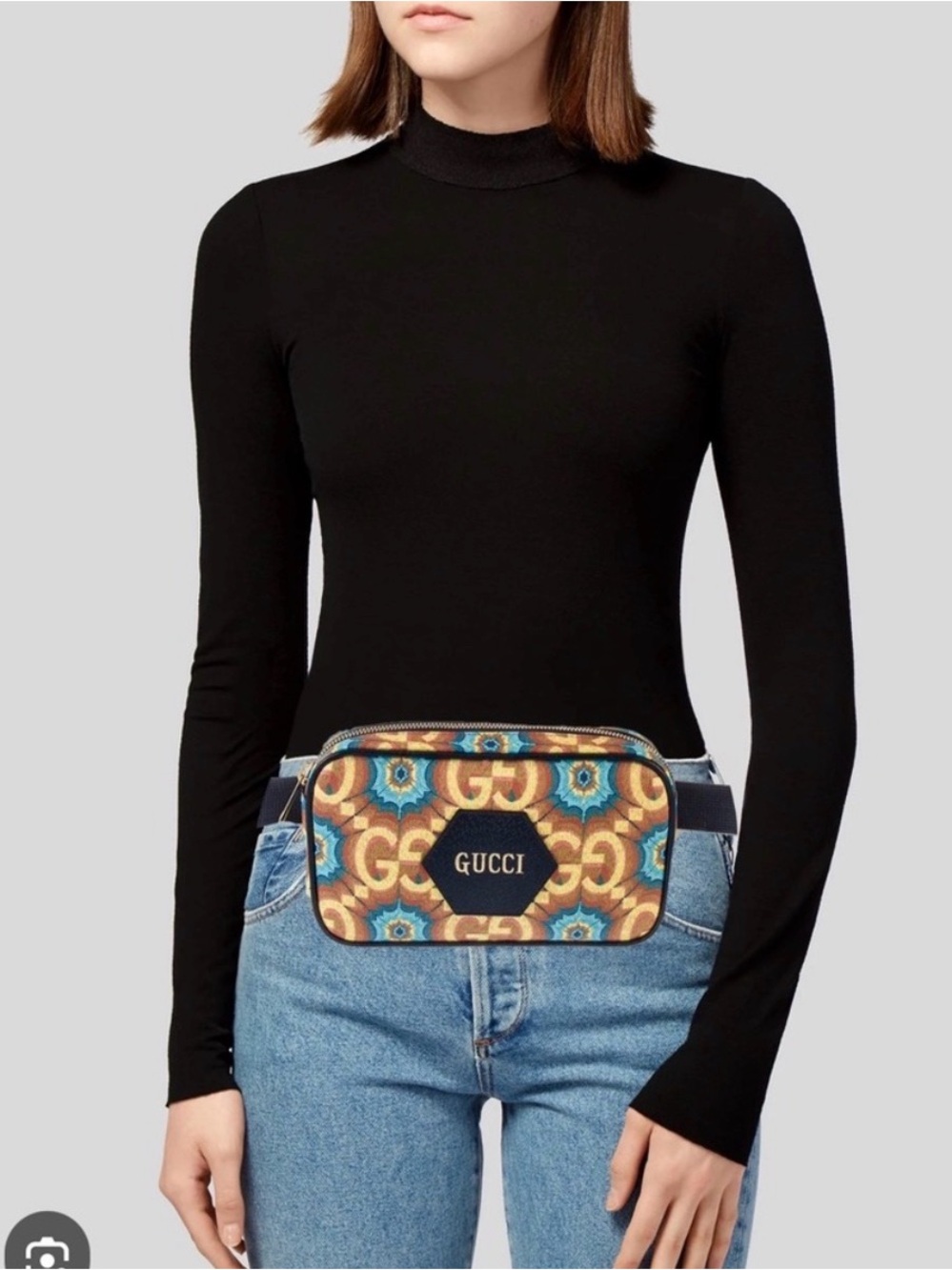 Gucci Blue Brown Gold Monogram Floral Belt Bag